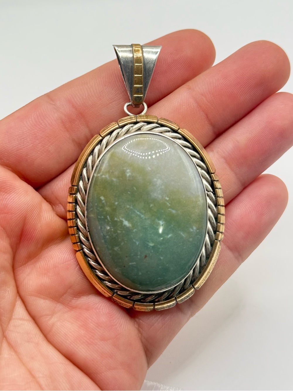 Big Navajo Usa Native Made Green Agate Pendant 12K GF & Sterling |34.63 grams